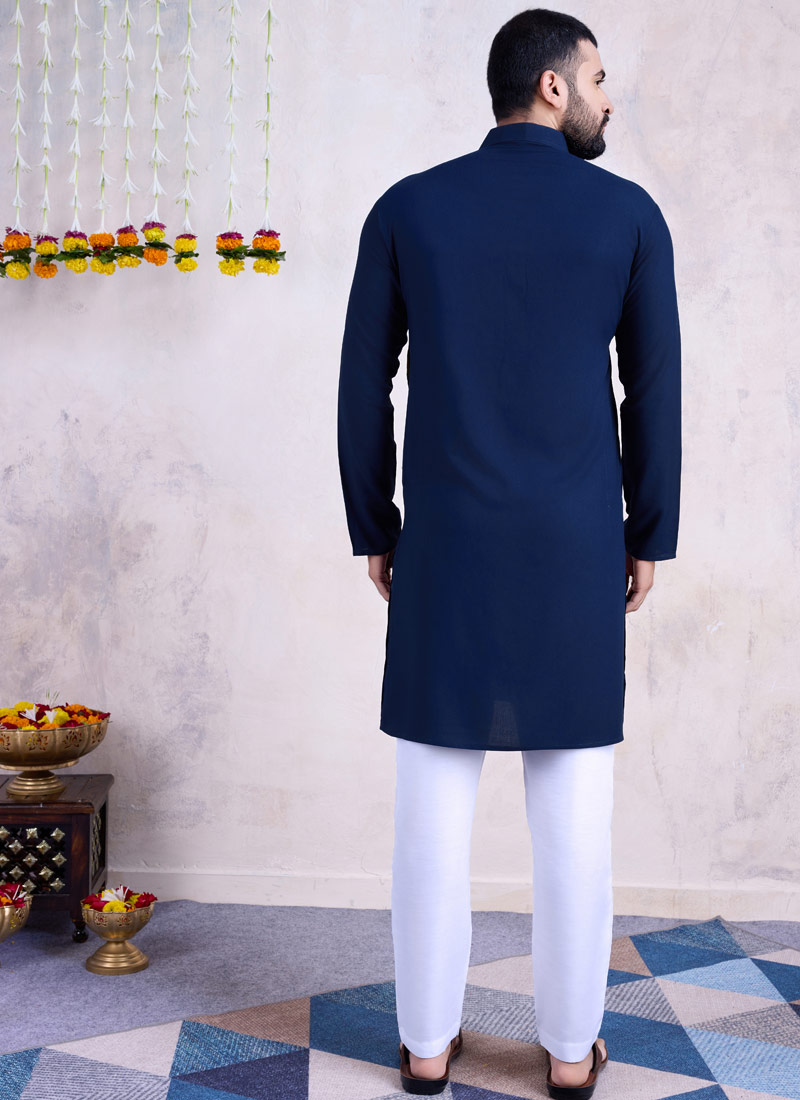 Navy Blue Rayon Mirror Work Navratri Mens Kurta With Bottom 