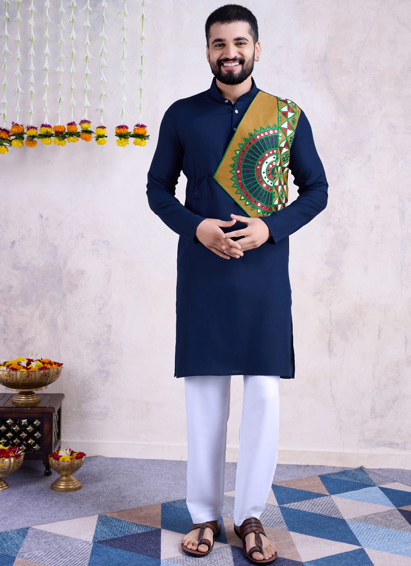 Navy Blue Rayon Mirror Work Navratri Mens Kurta With Bottom 