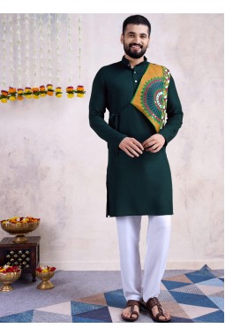 Green Reyon Embroidered Navratri Mens Kurta With Bottom