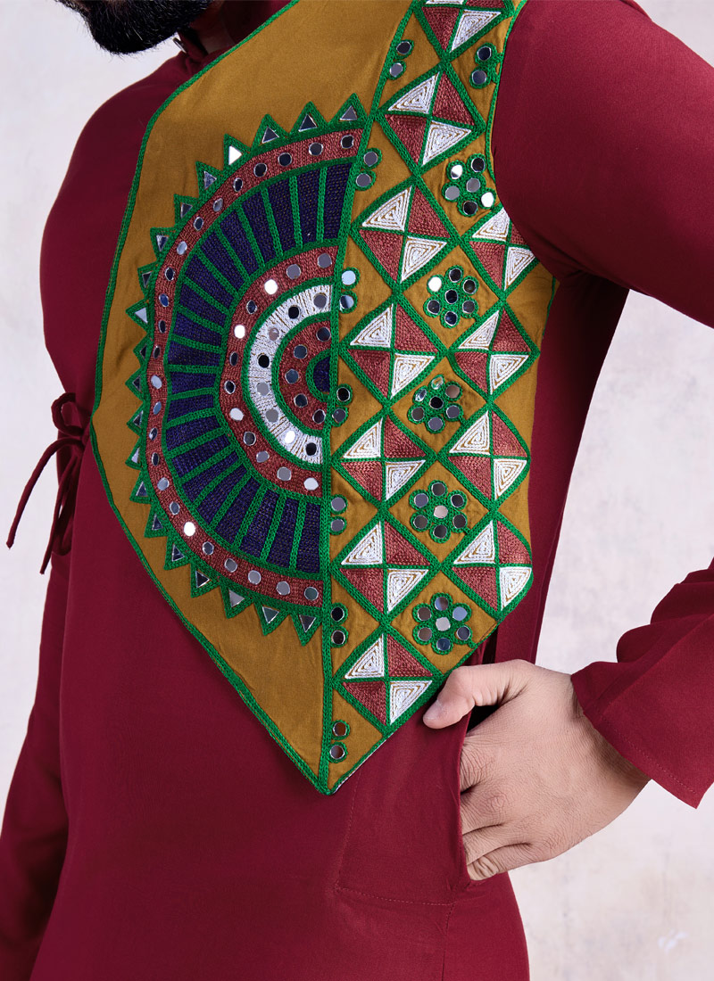 Maroon Reyon Embroidered Mirror Work Navratri Mens Kurta With Bottom