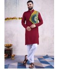 Maroon Reyon Embroidered Mirror Work Navratri Mens Kurta With Bottom