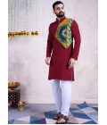 Maroon Reyon Embroidered Mirror Work Navratri Mens Kurta With Bottom