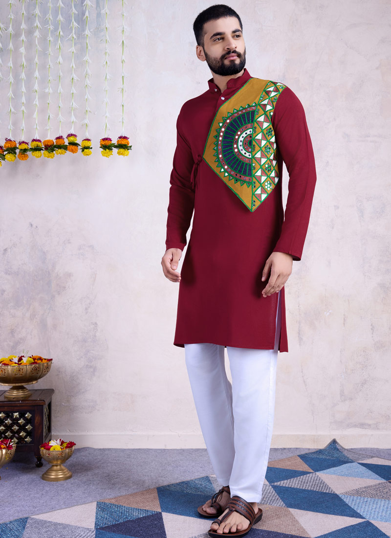 Maroon Reyon Embroidered Mirror Work Navratri Mens Kurta With Bottom