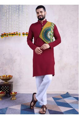 Maroon Reyon Embroidered Mirror Work Navratri Mens Kurta With Bottom