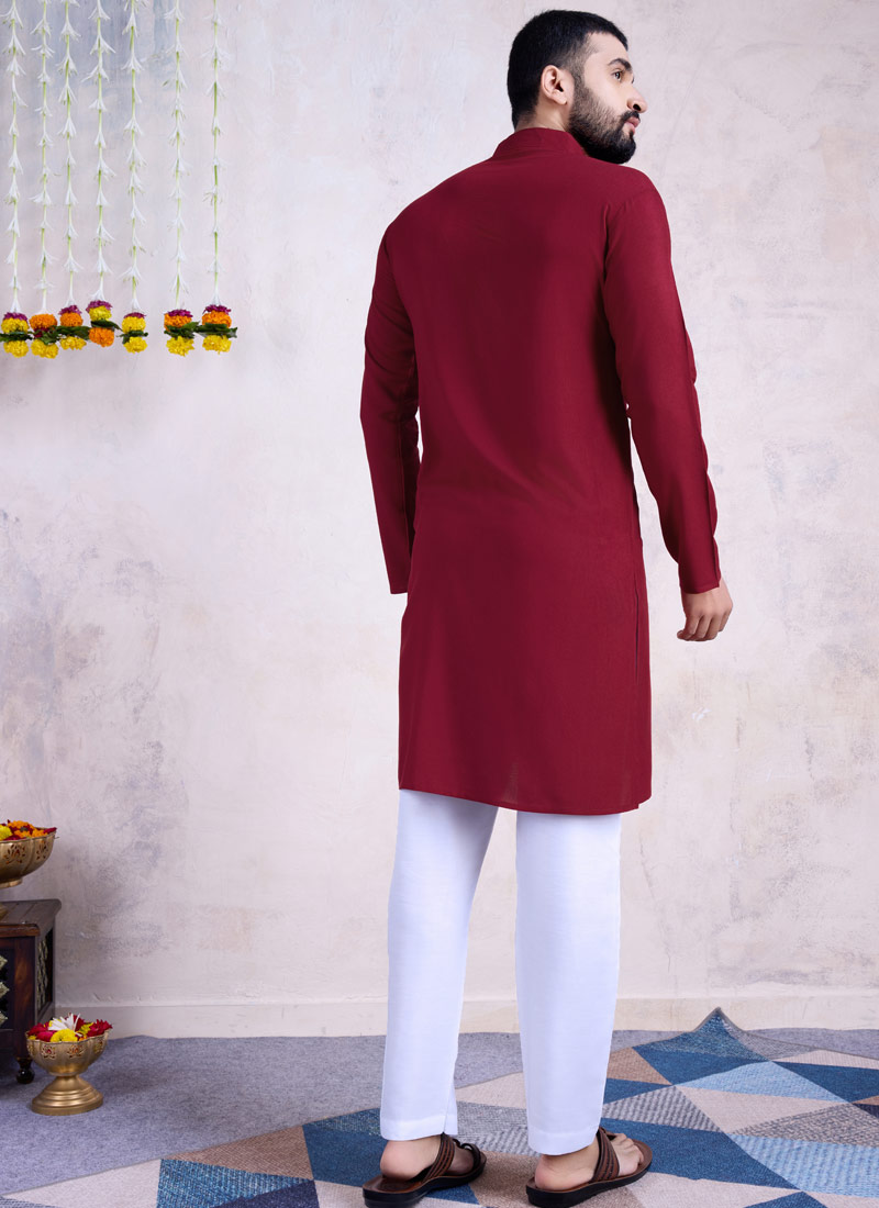 Maroon Reyon Embroidered Mirror Work Navratri Mens Kurta With Bottom