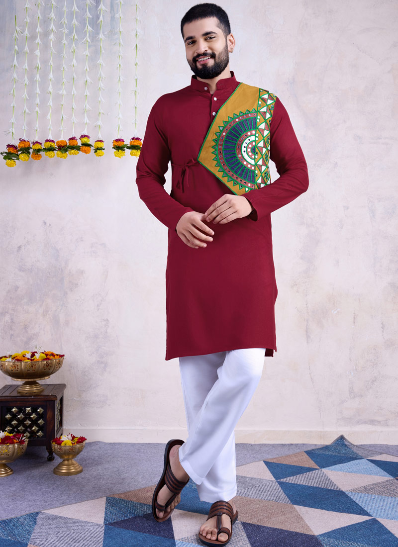 Maroon Reyon Embroidered Mirror Work Navratri Mens Kurta With Bottom