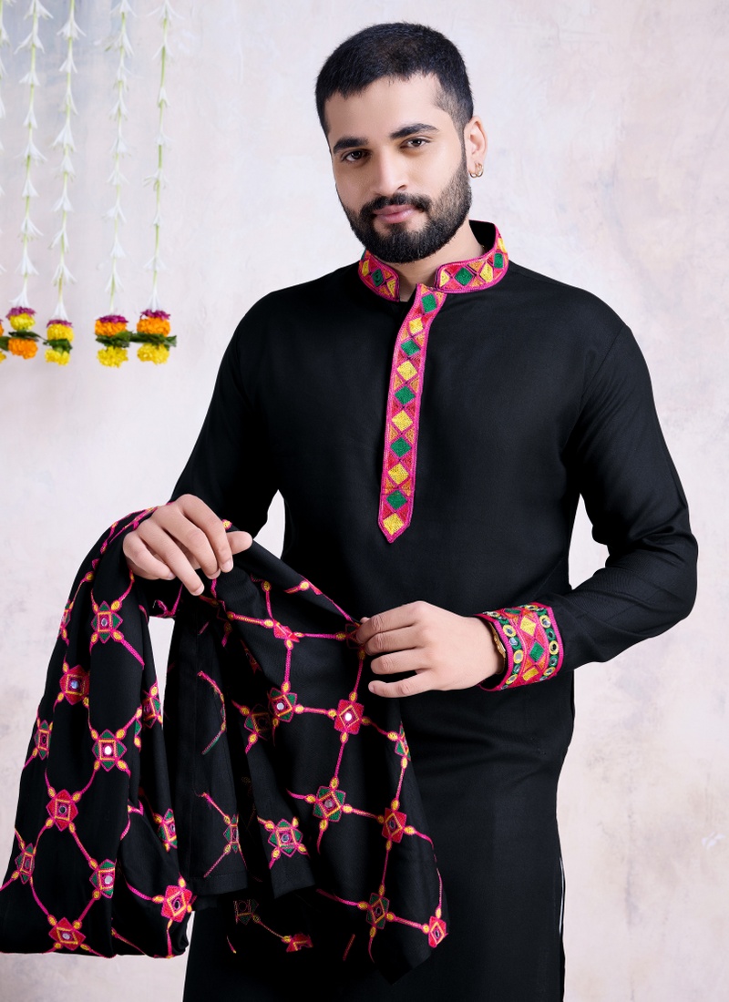 Black Rayon Embroidered Navratri Mens Kurta Pajama With Dupatta