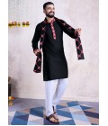 Black Rayon Embroidered Navratri Mens Kurta Pajama With Dupatta