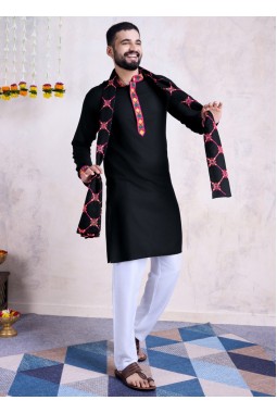 Black Rayon Embroidered Navratri Mens Kurta Pajama With Dupatta