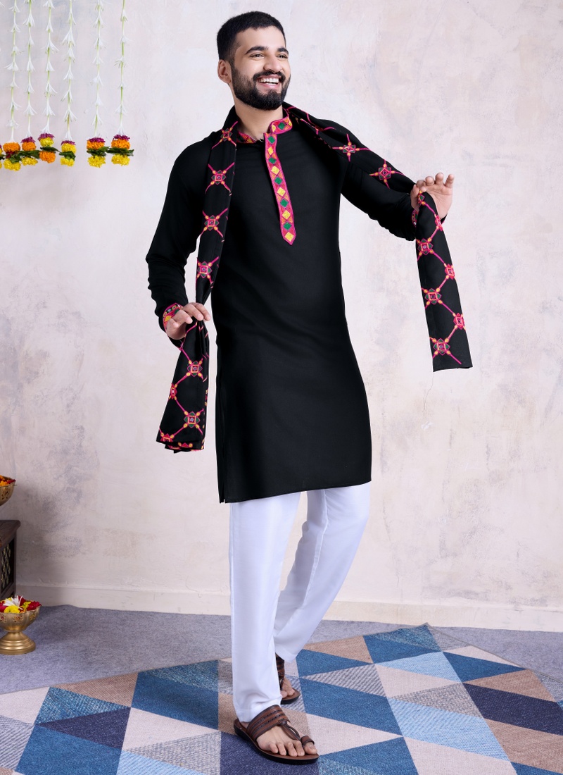 Black Rayon Embroidered Navratri Mens Kurta Pajama With Dupatta