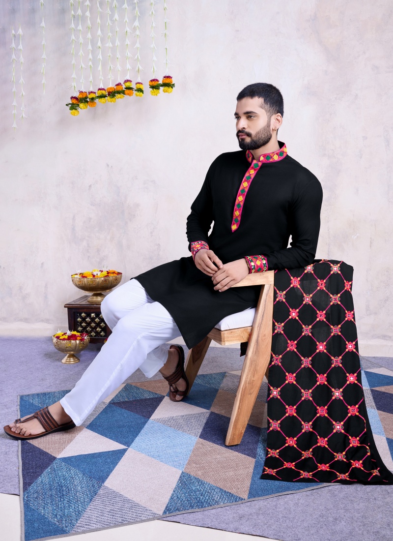 Black Rayon Embroidered Navratri Mens Kurta Pajama With Dupatta