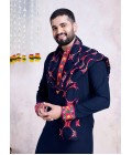 Navy Blue Rayon Embroidery Mirror Work Navratri Mens Kurta Pajama With Dupatta