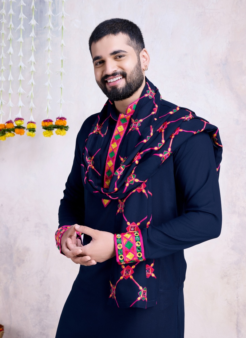 Navy Blue Rayon Embroidery Mirror Work Navratri Mens Kurta Pajama With Dupatta