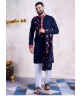 Navy Blue Rayon Embroidery Mirror Work Navratri Mens Kurta Pajama With Dupatta