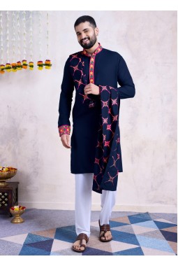 Navy Blue Rayon Embroidery Mirror Work Navratri Mens Kurta Pajama With Dupatta