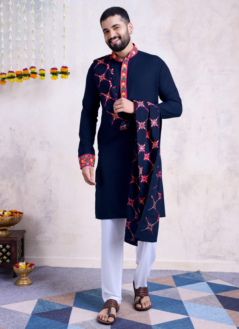 Navy Blue Rayon Embroidery Mirror Work Navratri Mens Kurta Pajama With Dupatta