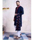 Navy Blue Rayon Embroidery Mirror Work Navratri Mens Kurta Pajama With Dupatta