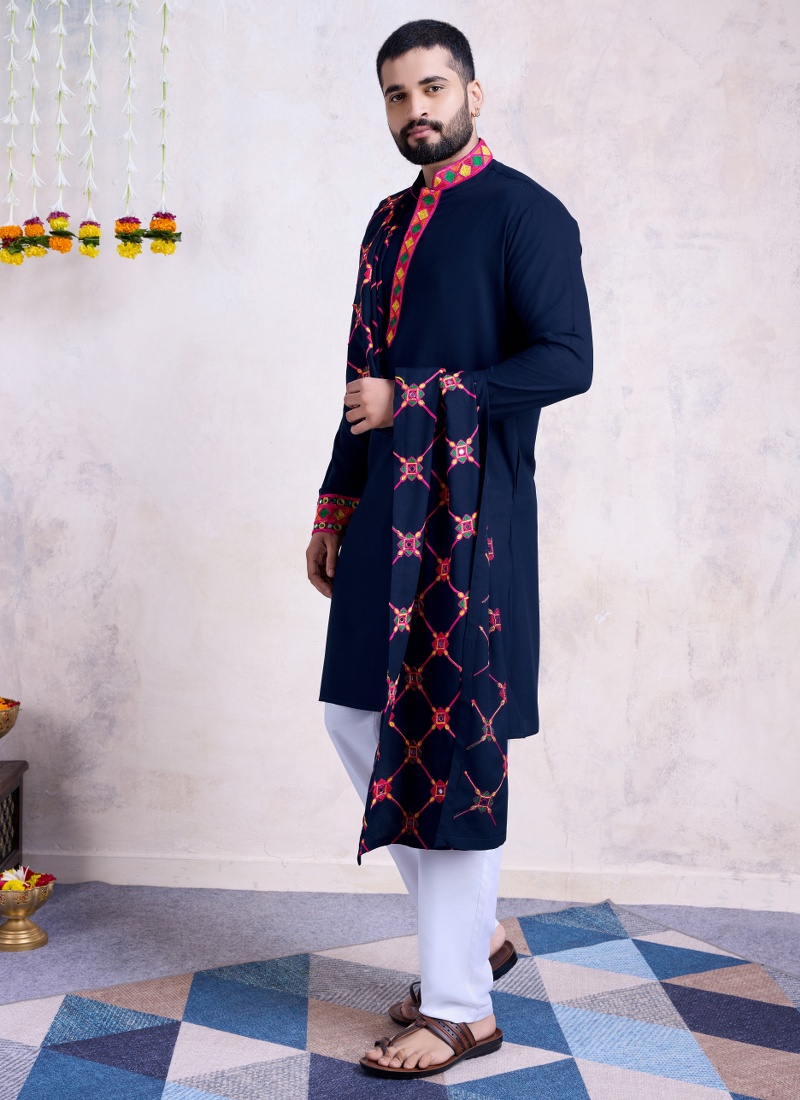 Navy Blue Rayon Embroidery Mirror Work Navratri Mens Kurta Pajama With Dupatta