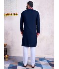 Navy Blue Rayon Embroidery Mirror Work Navratri Mens Kurta Pajama With Dupatta