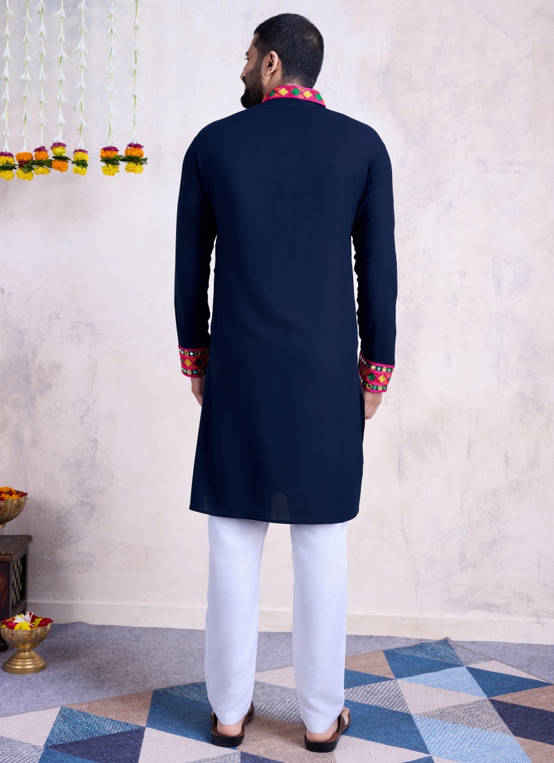 Navy Blue Rayon Embroidery Mirror Work Navratri Mens Kurta Pajama With Dupatta