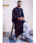 Navy Blue Rayon Embroidery Mirror Work Navratri Mens Kurta Pajama With Dupatta