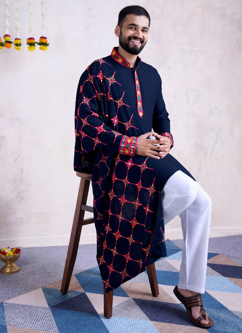 Navy Blue Rayon Embroidery Mirror Work Navratri Mens Kurta Pajama With Dupatta