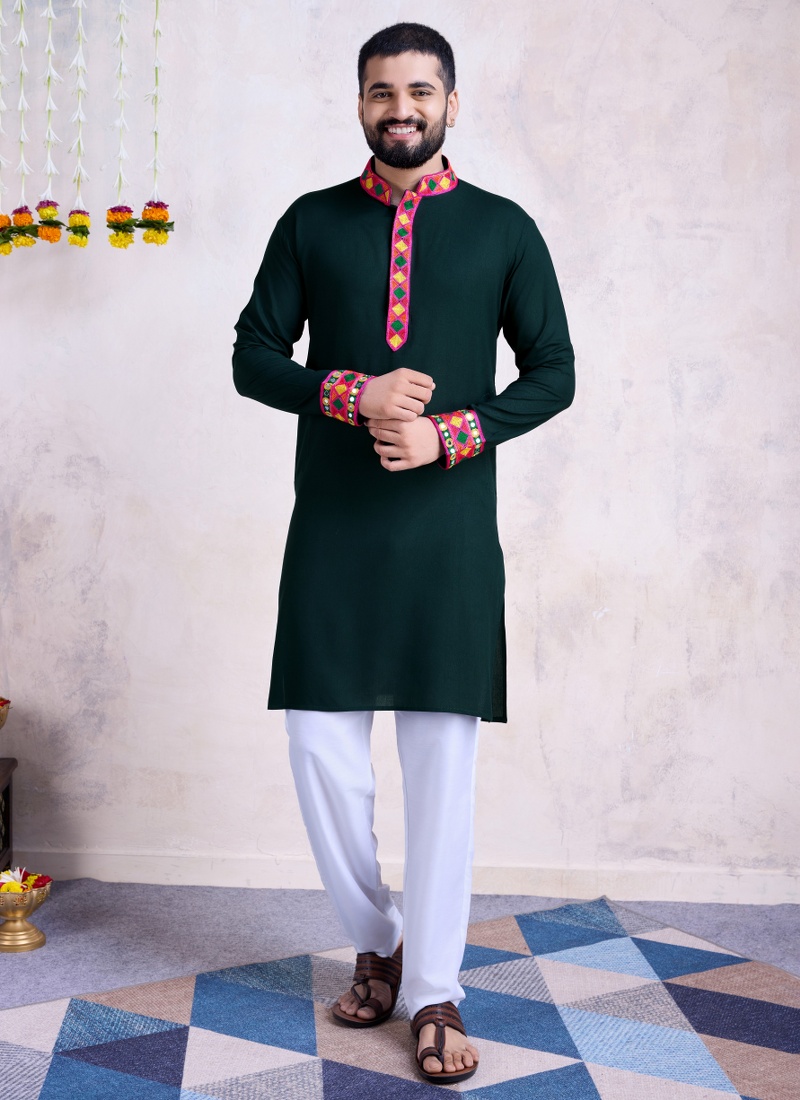 Green Rayon Embroidery Mirror Work Navratri Mens Kurta Pajama With Dupatta