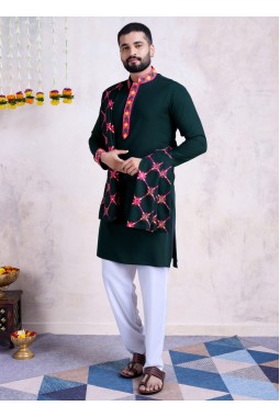 Green Rayon Embroidery Mirror Work Navratri Mens Kurta Pajama With Dupatta