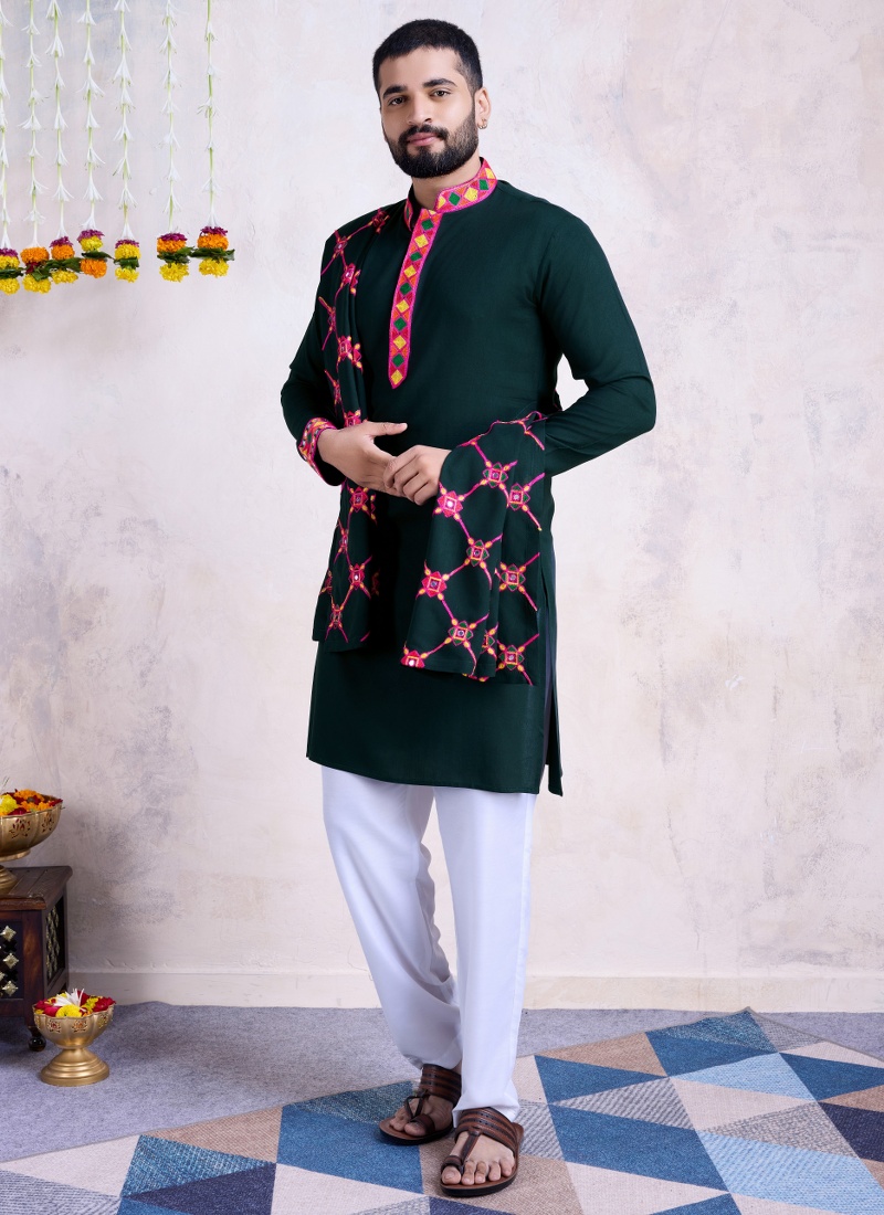 Green Rayon Embroidery Mirror Work Navratri Mens Kurta Pajama With Dupatta