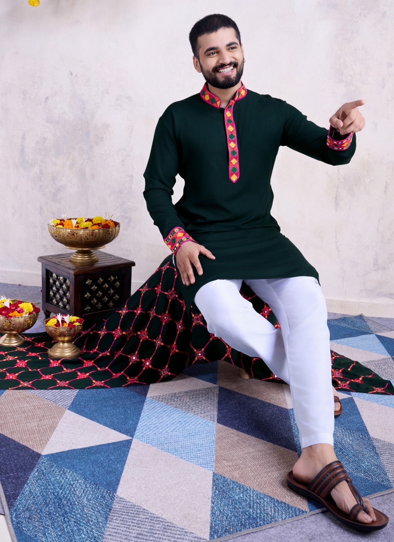 Green Rayon Embroidery Mirror Work Navratri Mens Kurta Pajama With Dupatta