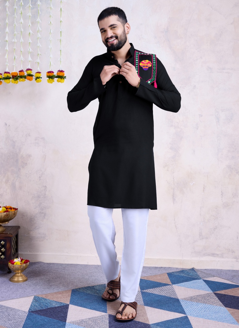 Black Rayon Real Mirror Embroidered Navratri Mens Kurta Pajama