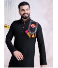 Black Rayon Real Mirror Embroidered Navratri Mens Kurta Pajama