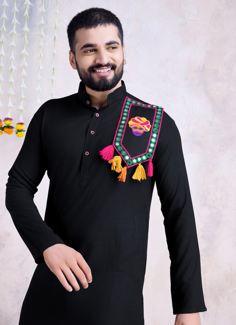 Black Rayon Real Mirror Embroidered Navratri Mens Kurta Pajama