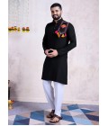 Black Rayon Real Mirror Embroidered Navratri Mens Kurta Pajama