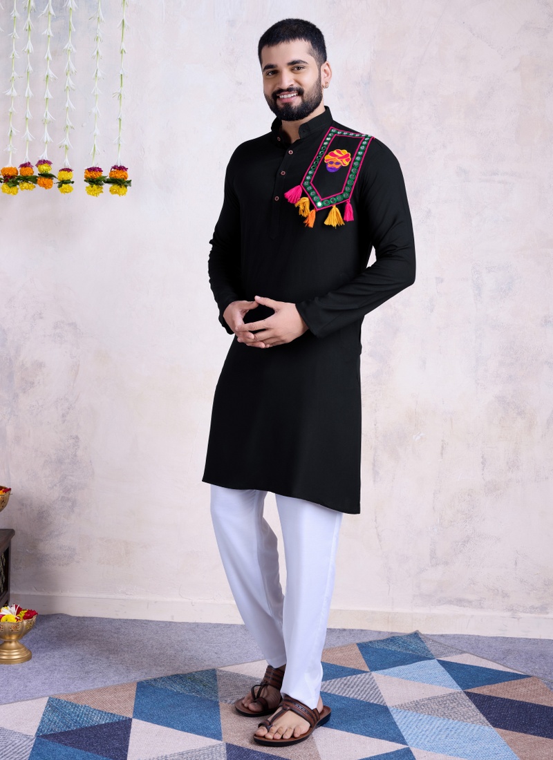 Black Rayon Real Mirror Embroidered Navratri Mens Kurta Pajama