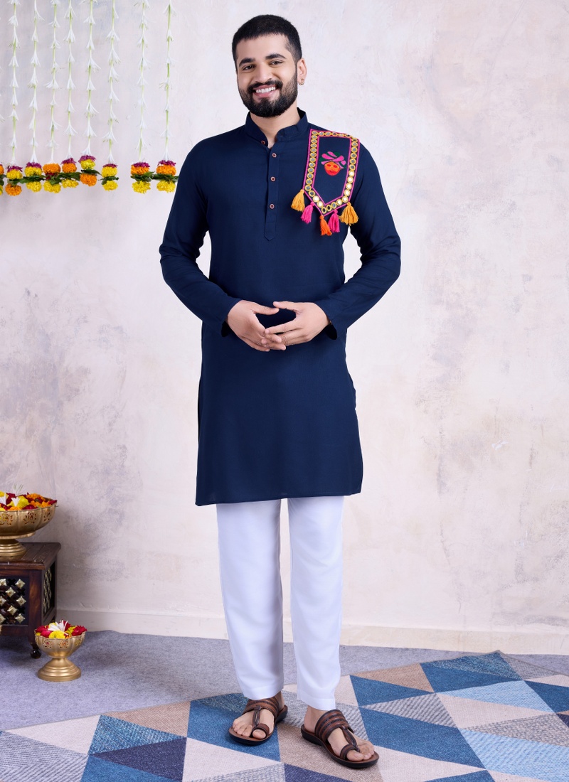 Navy Rayon Real Mirror Work Navratri Mens Kurta Pajama