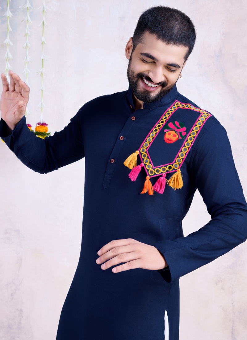 Navy Rayon Real Mirror Work Navratri Mens Kurta Pajama