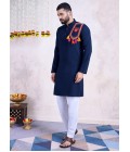 Navy Rayon Real Mirror Work Navratri Mens Kurta Pajama