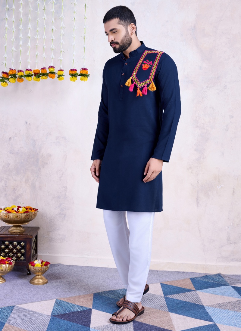 Navy Rayon Real Mirror Work Navratri Mens Kurta Pajama