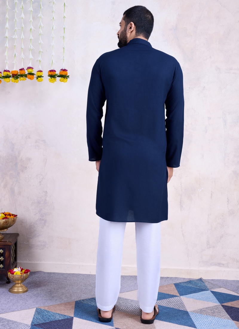 Navy Rayon Real Mirror Work Navratri Mens Kurta Pajama