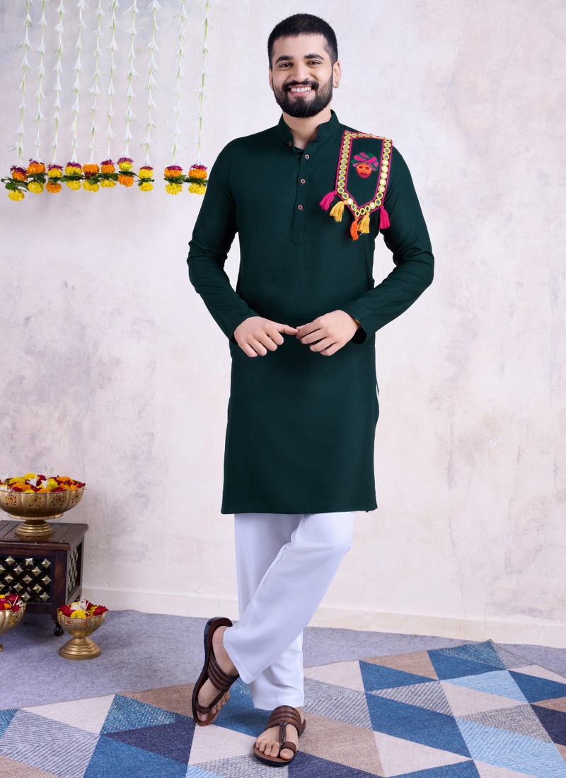 Green Rayon Real Mirror Embroidered Navratri Mens Kurta Pajama