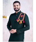 Green Rayon Real Mirror Embroidered Navratri Mens Kurta Pajama