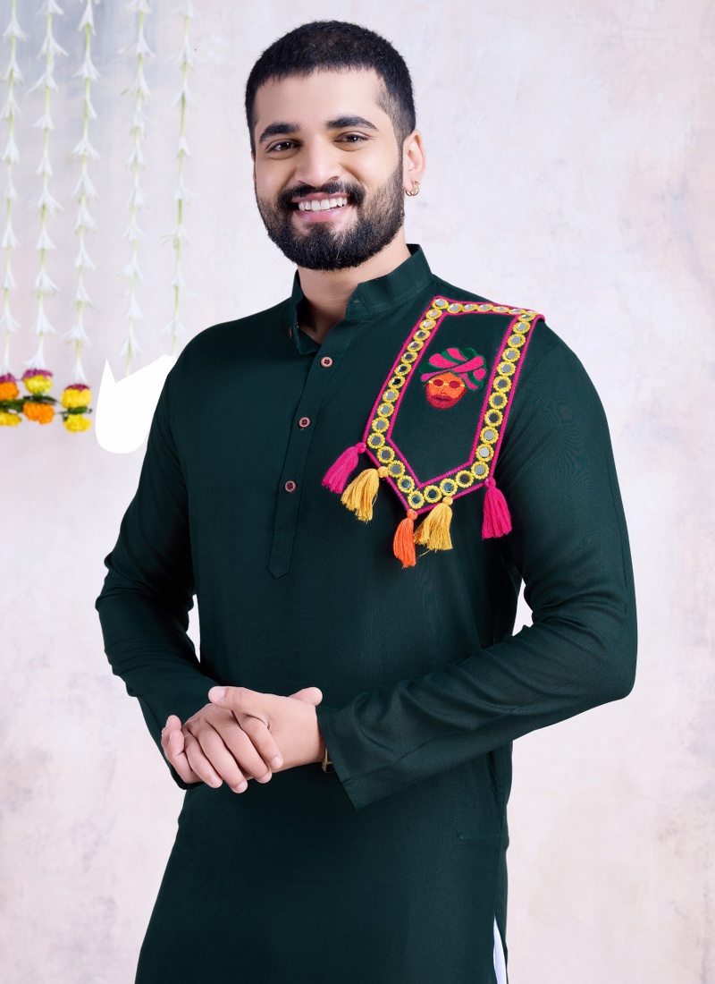 Green Rayon Real Mirror Embroidered Navratri Mens Kurta Pajama