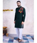 Green Rayon Real Mirror Embroidered Navratri Mens Kurta Pajama