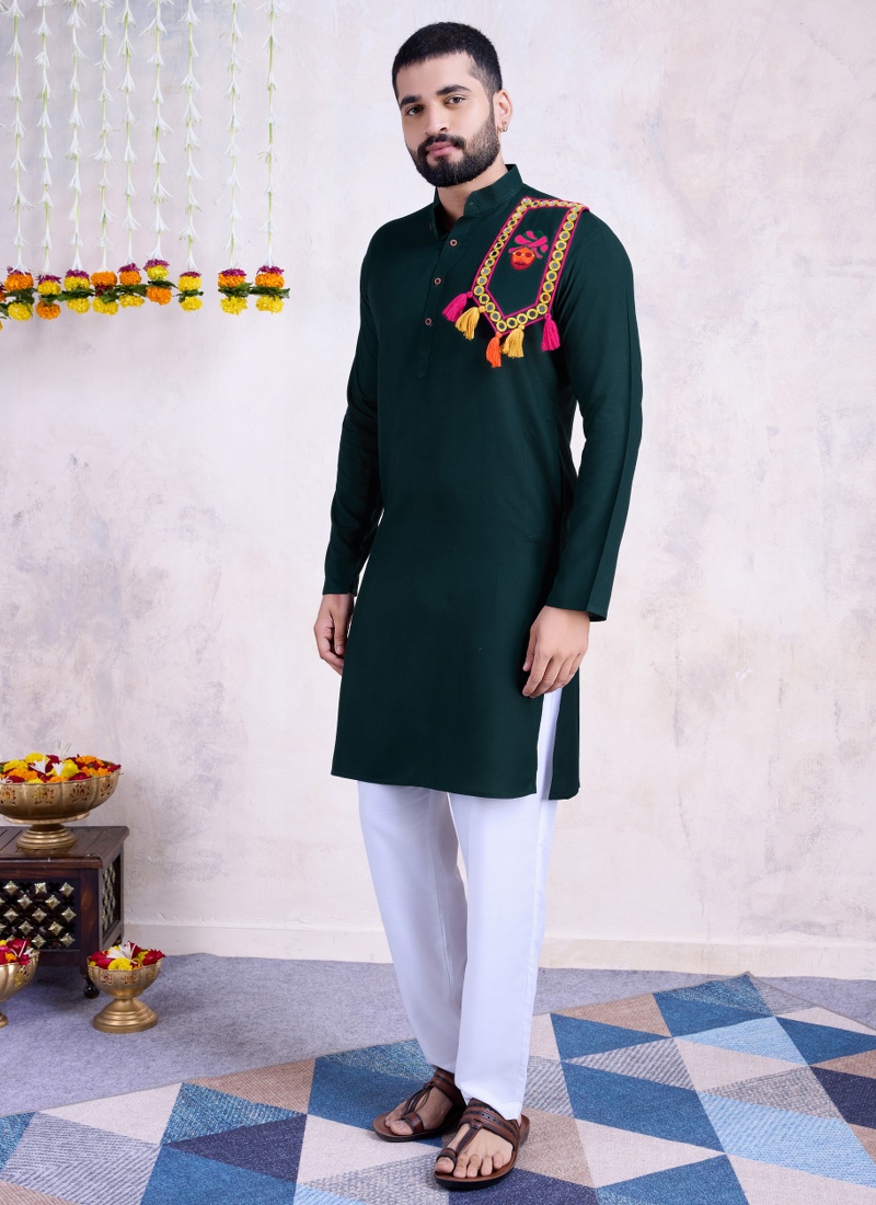 Green Rayon Real Mirror Embroidered Navratri Mens Kurta Pajama