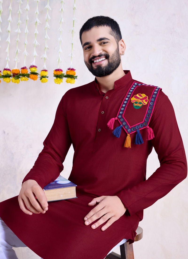 Maroon Rayon Embroidered Navratri Mens Kurta Pajama