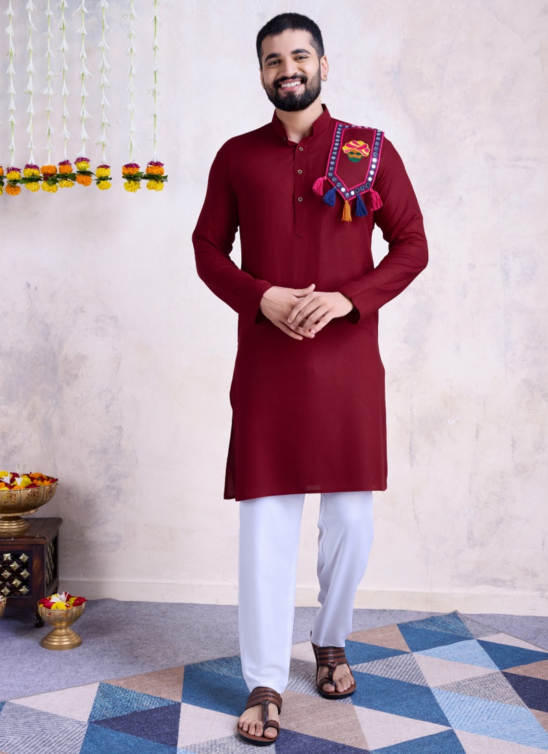 Maroon Rayon Embroidered Navratri Mens Kurta Pajama