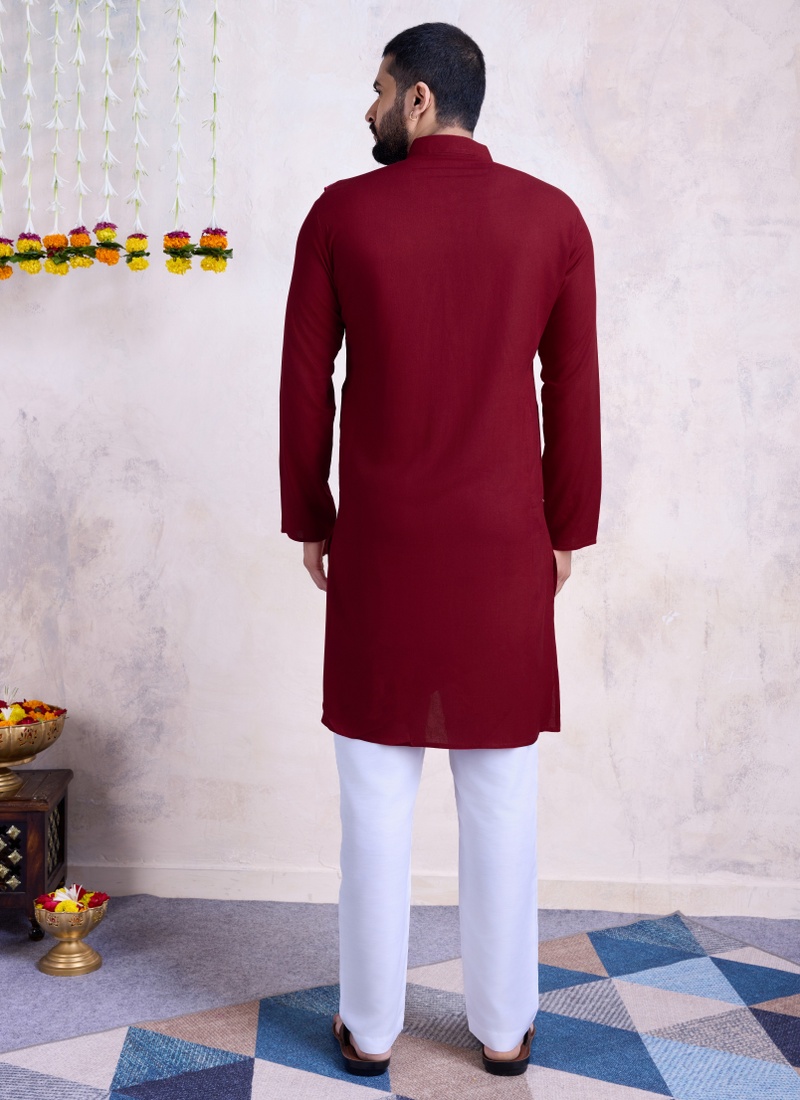 Maroon Rayon Embroidered Navratri Mens Kurta Pajama