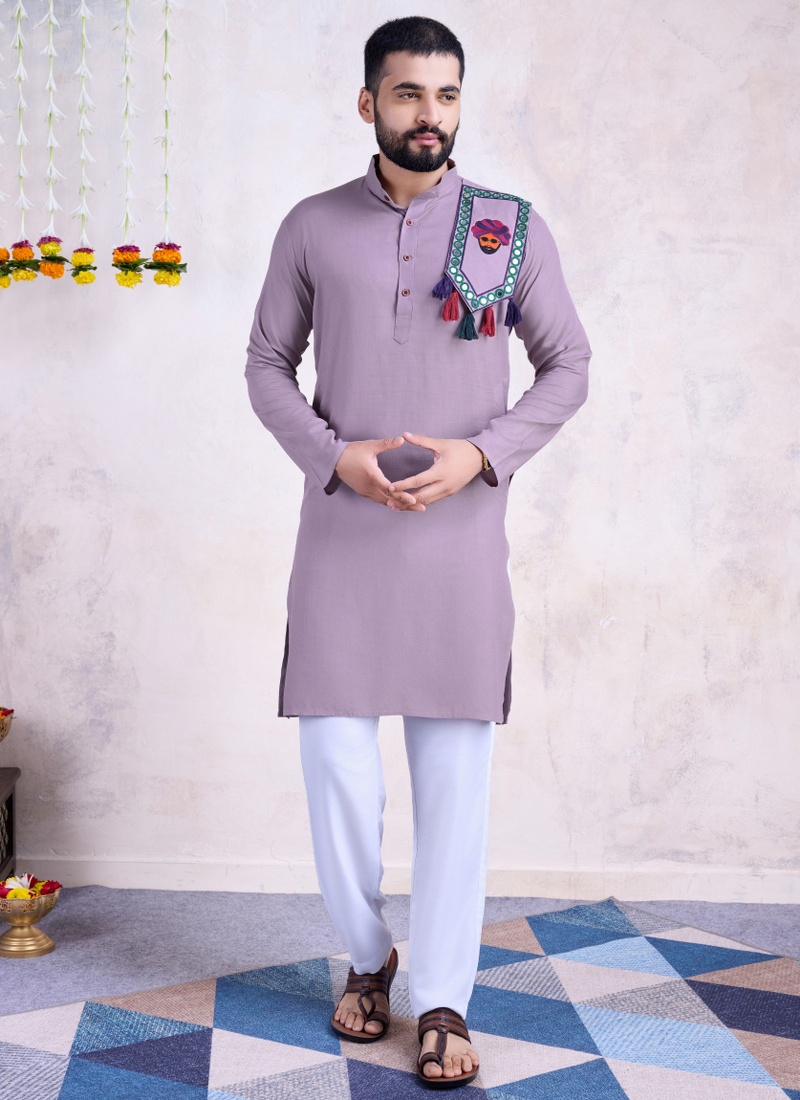 Dusty Purple Rayon Real Mirror Embroidered Navratri Mens Kurta Pajama