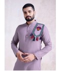 Dusty Purple Rayon Real Mirror Embroidered Navratri Mens Kurta Pajama